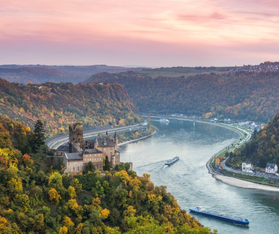 River cruise ships and castle views from the Rhine river